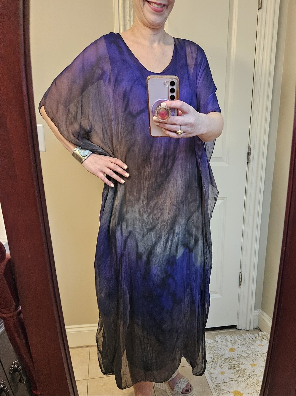 Hand Dyed Pure Silk Ombre Caftan Maxi Dress Purple Blue Boho One Size